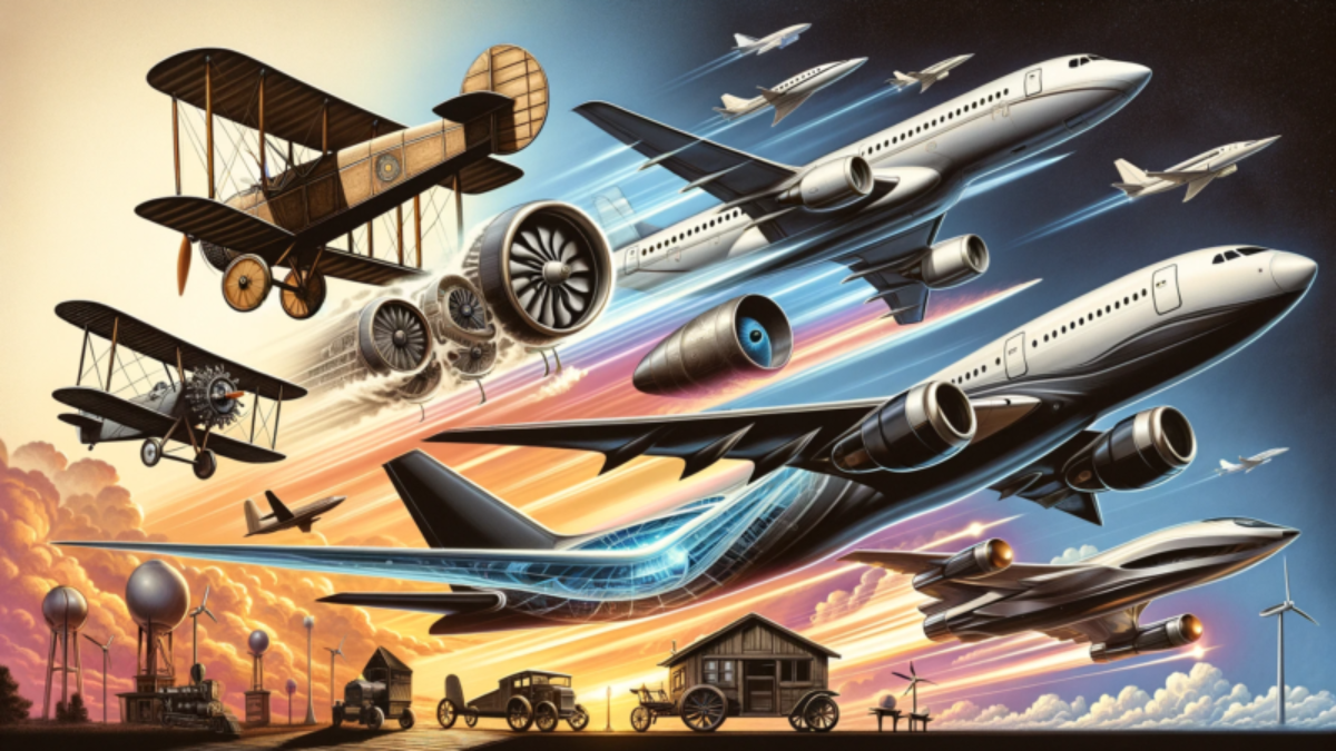 DALL·E 2023-12-26 19.07.00 - A collage showing the evolution of airplanes from past to future. On the left, depict a vintage biplane from the early 20th century, with fabric-cover