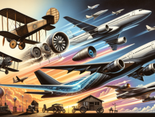 DALL·E 2023-12-26 19.07.00 - A collage showing the evolution of airplanes from past to future. On the left, depict a vintage biplane from the early 20th century, with fabric-cover